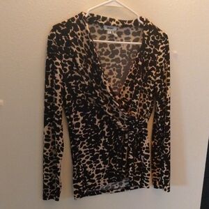 DKNY Black and Tan Leopard Print Wrap Top